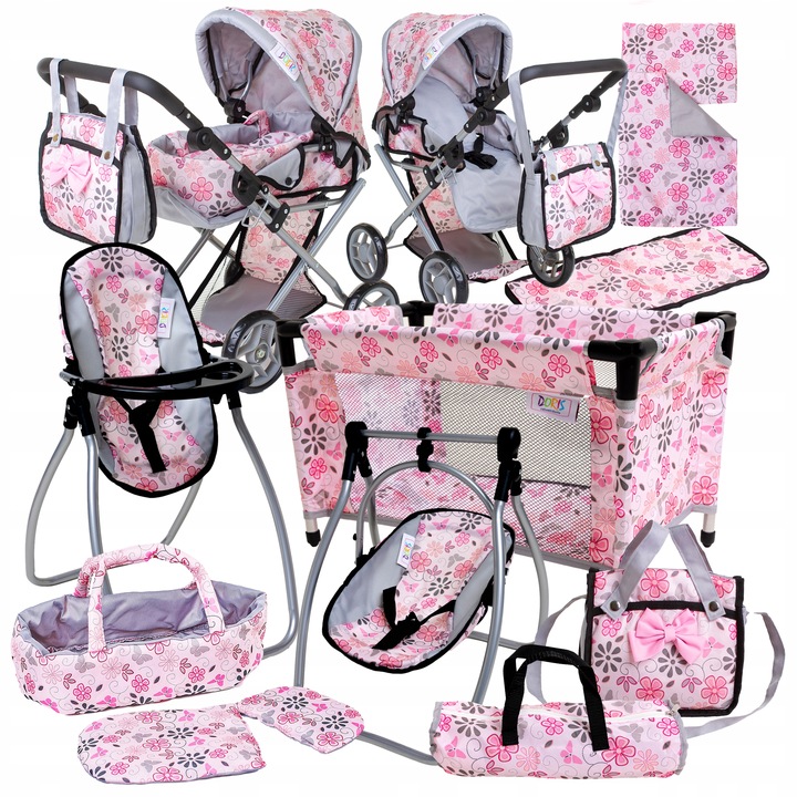 Wózek dla lalek 3w1 ŁÓŻECZKO KRZESEŁKO POŚCIEL TORBA PRZEWIJAK ZESTAW XXL
