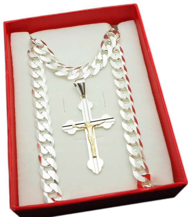 Gruby Srebrny Łańcuszek splot Pancerka +Krzyżyk