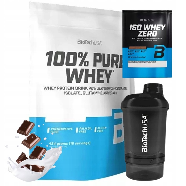 BIOTECH 100% PURE WHEY 454g BIAŁKO IZOLAT + PRÓBKA ISO WHEY ZERO + SHAKER