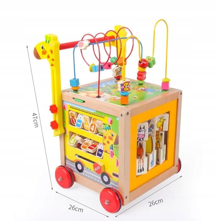 DUŻY DREWNIANY CHODZIK PCHACZ KOSTKA EDUKACYJNA 7w1 MONTESSORI + MULA