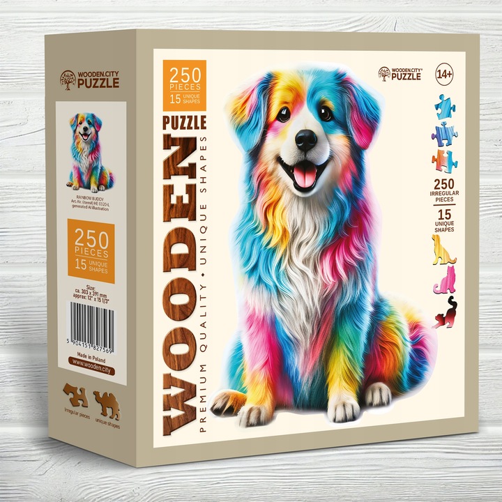 Drewniane Puzzle 250 Elementów Tęczowy Pies Dorosłych i Dzieci Wooden.City