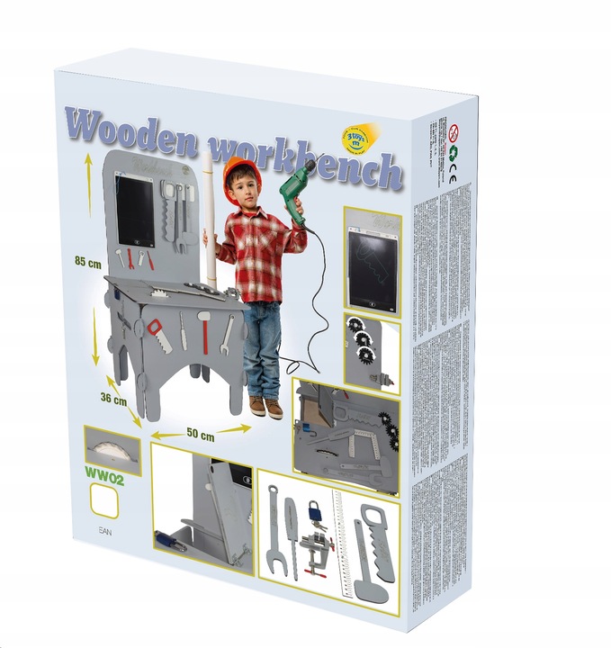 KOLOR Drewniany warsztat majsterkowicz tablet kłódka imadło schowek piła PL