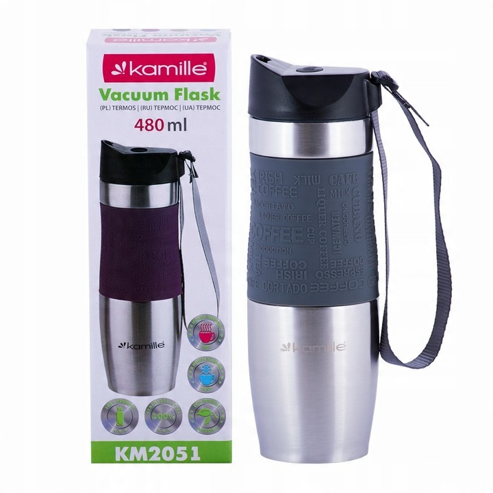 KUBEK TERMICZNY TERMOS STALOWY 100% SZCZELNY pojemny bidon KAMILLE 480 ml