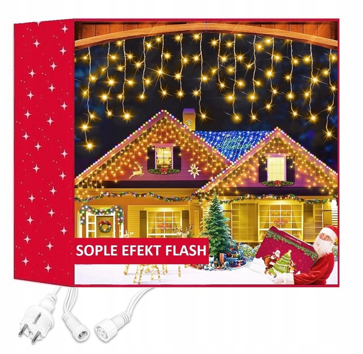 LAMPKI KURTYNA GĘSTE SOPLE CIEPŁO BIAŁE 1000 LED 25 m + FLASH ZIMNO BIAŁY