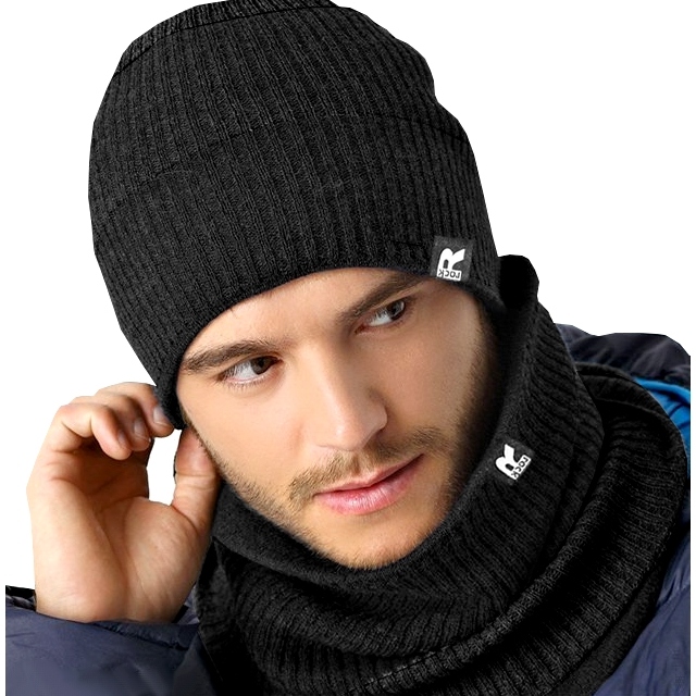 Zimowy KOMPLET Męski CZAPKA + KOMIN + RĘKAWICZKI DO TELEFONU CIEPŁY czarny