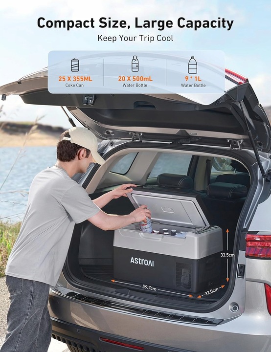 Lodówka kempingowa AstroAI z zamrażarką 22 litry, przenośna lodówka 12/24 V