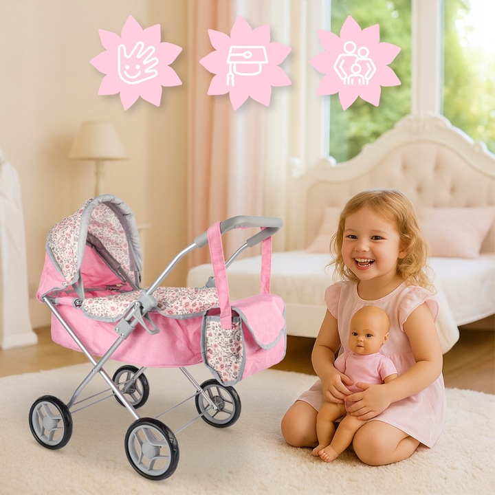 WÓZEK DLA LALEK GŁĘBOKI SKŁADANY GONDOLA TORBA SPACERÓWKA REGULOWANY DASZEK