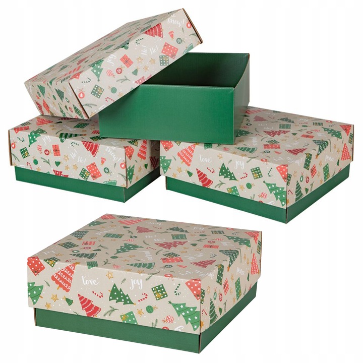 10x PUDEŁKO PREZENTOWE OPAKOWANIE ŚWIĄTECZNE 200x200x85 mm CHOINKI Zestaw