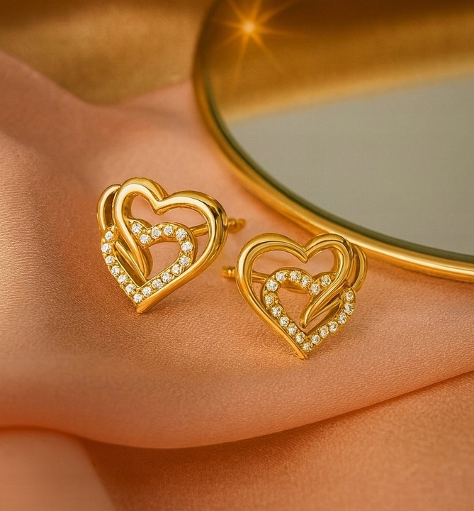 ZŁOTE KOLCZYKI DAMSKIE 585 Z CYRKONIAMI SERCA WKRĘTKI PREZENT DLA ŻONY MAMY