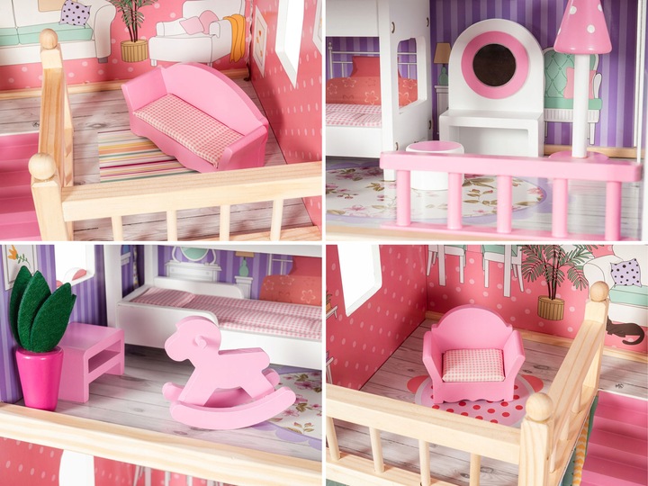 Domek dla Lalek Drewniany Duży Oświetlenie LED Mebelki 3 Poziomy - XL 90cm