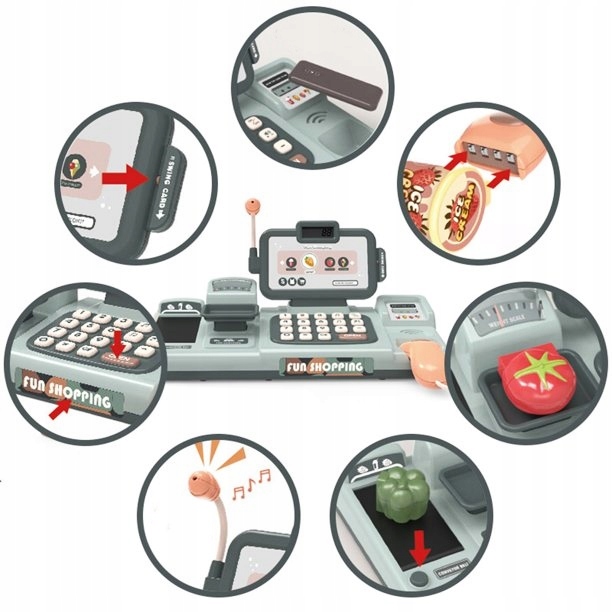 KASA FISKALNA Dla dzieci ZABAWKOWA zestaw SKANER WAGA TELEFON KOSZ ZAKUPY