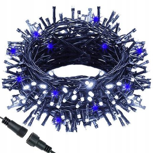 LAMPKI CHOINKOWE 300 LED BIAŁE ZIMNE + NIEBIESKI BŁYSK FLESZ FLASH 20 metr