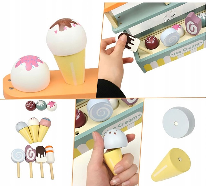 LODZIARNIA DLA DZIECI WITRYNA Z LODAMI STOISKO DREWNIANY SKLEPIK DLA DZIECI