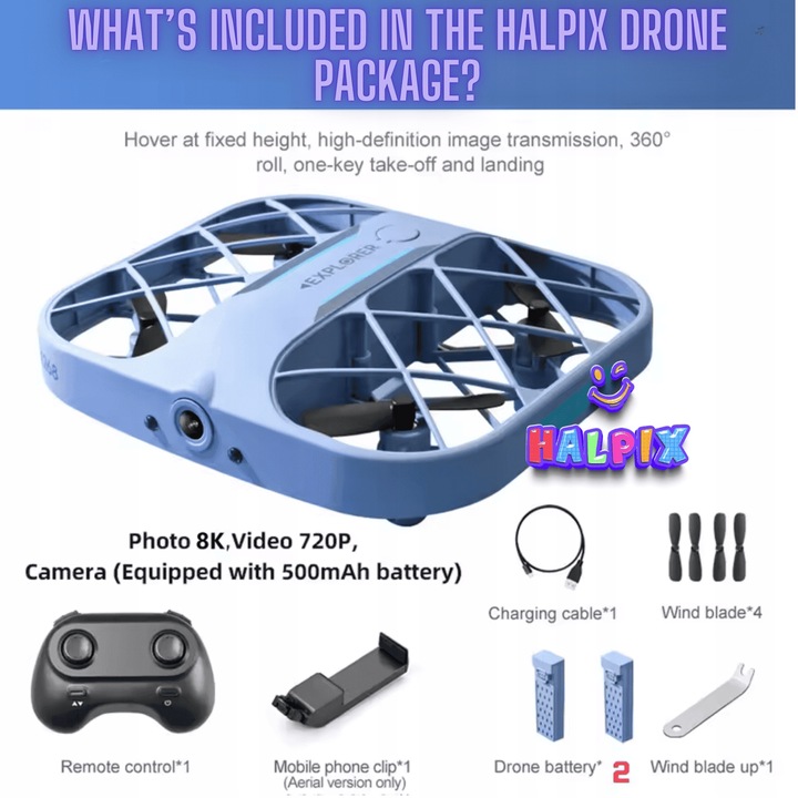 Trikowy mini dron Halpix zdalnie sterowany z kamerą 8K i Wi-Fi