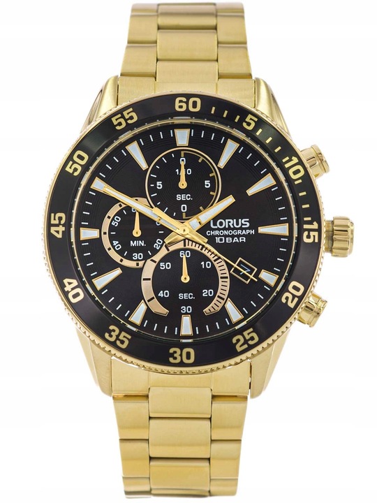 MĘSKI ZEGAREK LORUS RM330JX9 ZŁOTY NA BRANSOLECIE CHRONOGRAF DATA 100M