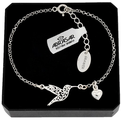 BRANSOLETKA SREBRNA DAMSKA REGULOWANA NA RĘKĘ KOLIBER SERCE + GRAWER