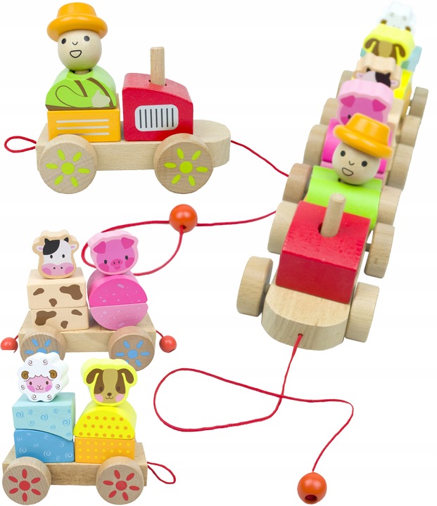 LT333 NOWY DREWNIANY POCIĄG Z WAGONAMI I KLOCKAMI WIEJSKA SCENERIA