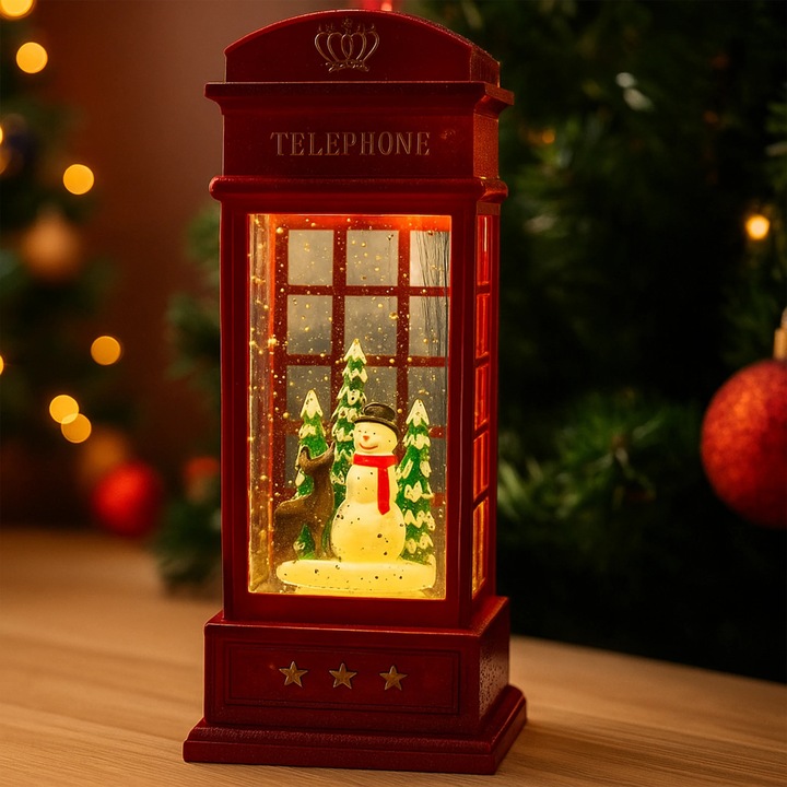 Budka Telefoniczna Świąteczna z Bałwankiem, Pozytywką i Brokatem LED