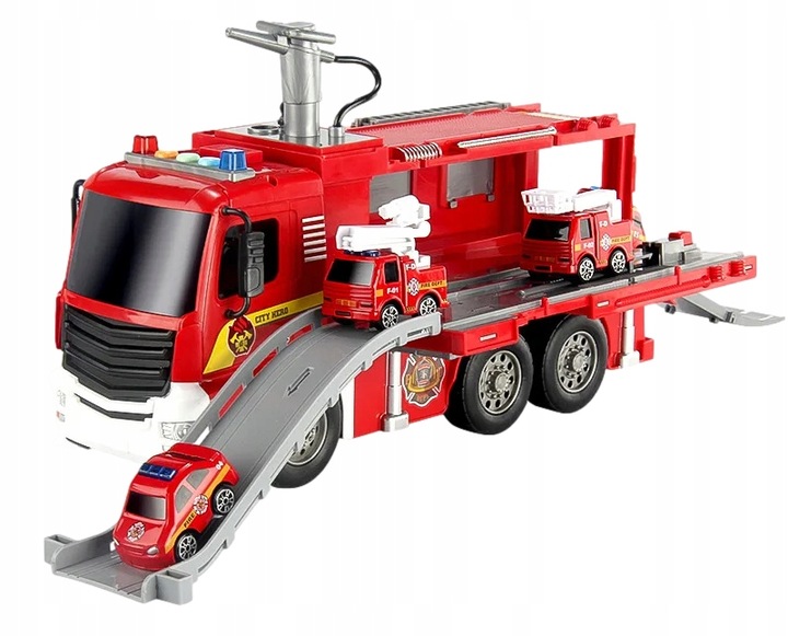 DUŻY WÓZ STRAŻACKI NA WODĘ STRAŻ POŻARNA zjeżdżalnia 4 auta ŚWIATŁO DŻWIĘK