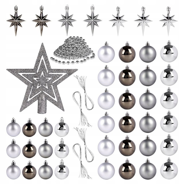 45x Bombki CHOINKOWE świąteczne nietłukące SREBRNE zestaw bombek na choinkę