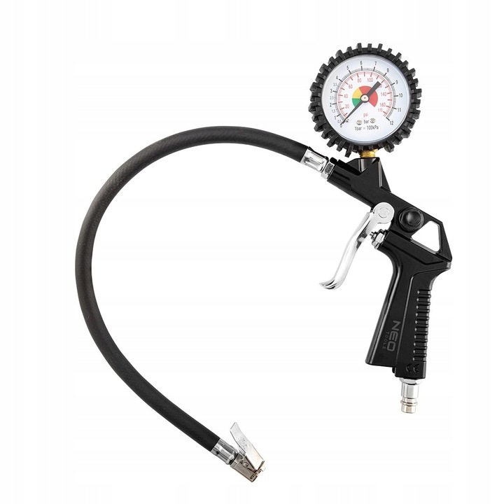 NEO PISTOLET DO POMPOWANIA KÓŁ Z MANOMETREM 0-12 BAR ZACZEP + WĘŻYK 14-714