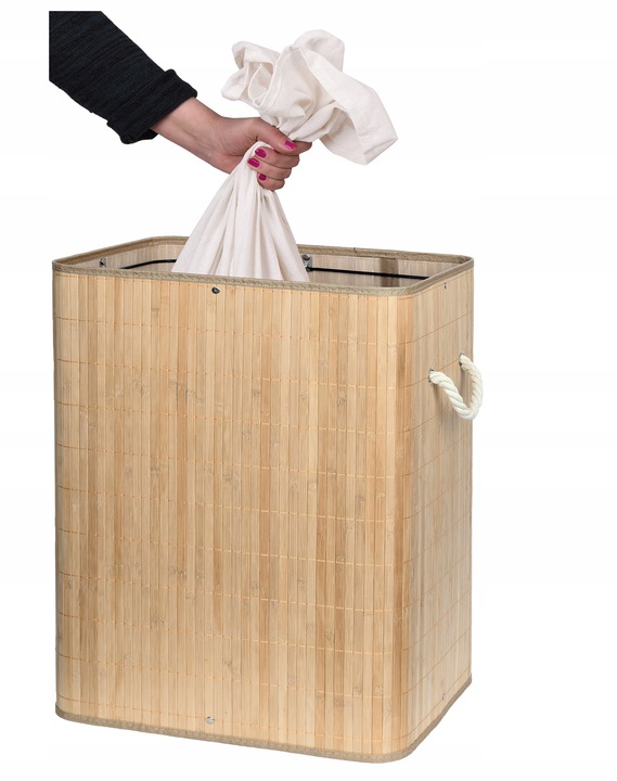 KOSZ BAMBUSOWY NA PRANIE BIELIZNĘ Z POKRYWĄ DWUKOMOROWY POJEMNIK DUŻY 100L