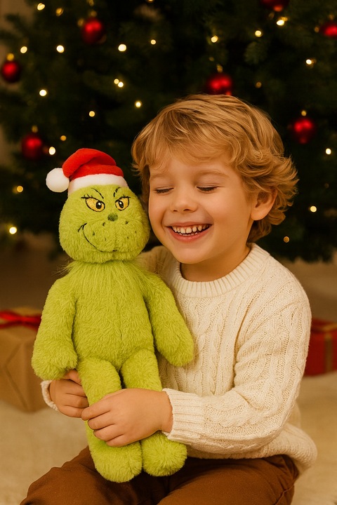 Maskotka Grinch w czapce Mikołaja – 30 cm, prezent dla dzieci Mikołajki
