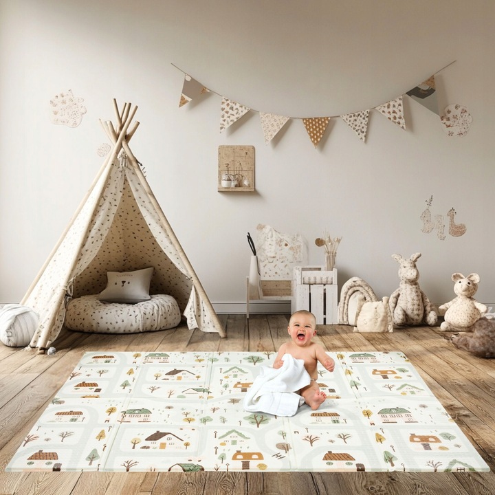 Dwustronna Mata Piankowa Składana 180x120 Urocze Miasteczko/Piaskowy Beż