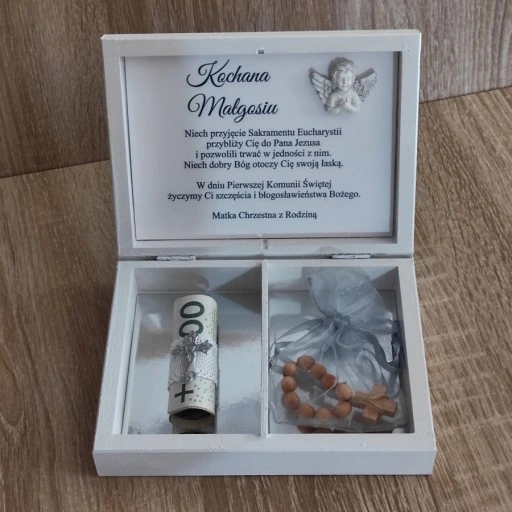 Pudełko na pieniądze prezent Pamiątka I Komunii chrzestnej dziadków aniołek