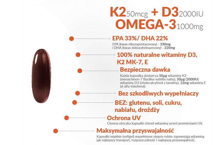 WITAMINA K2 MK-7 + D3 2000IU Vit E OMEGA-3 90kaps