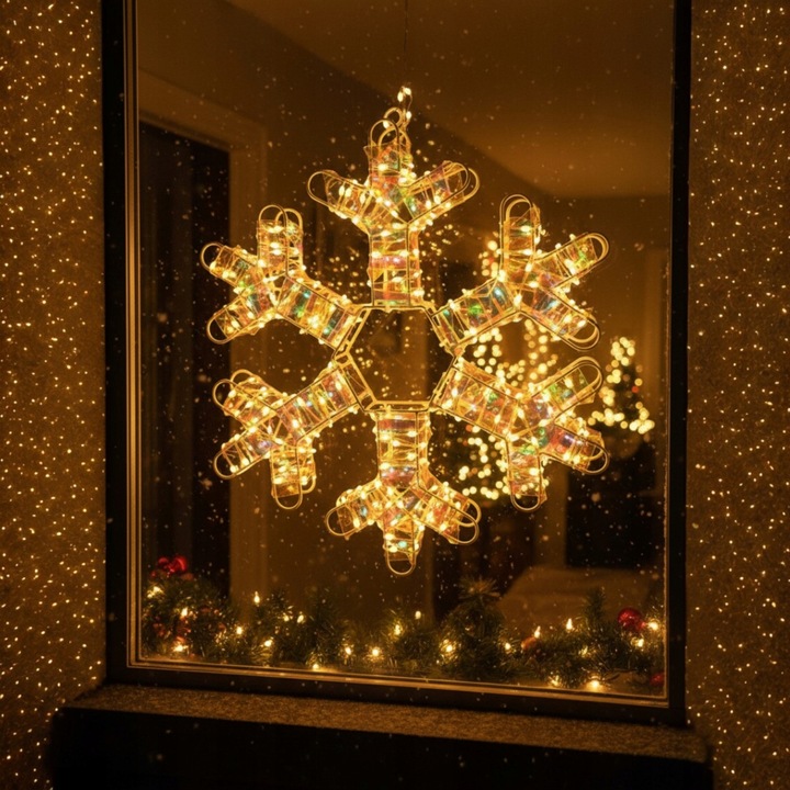Ozdoba Do Okna Wisząca Śnieżynka Świąteczna LED Świecąca z Obu Stron 8 tryb