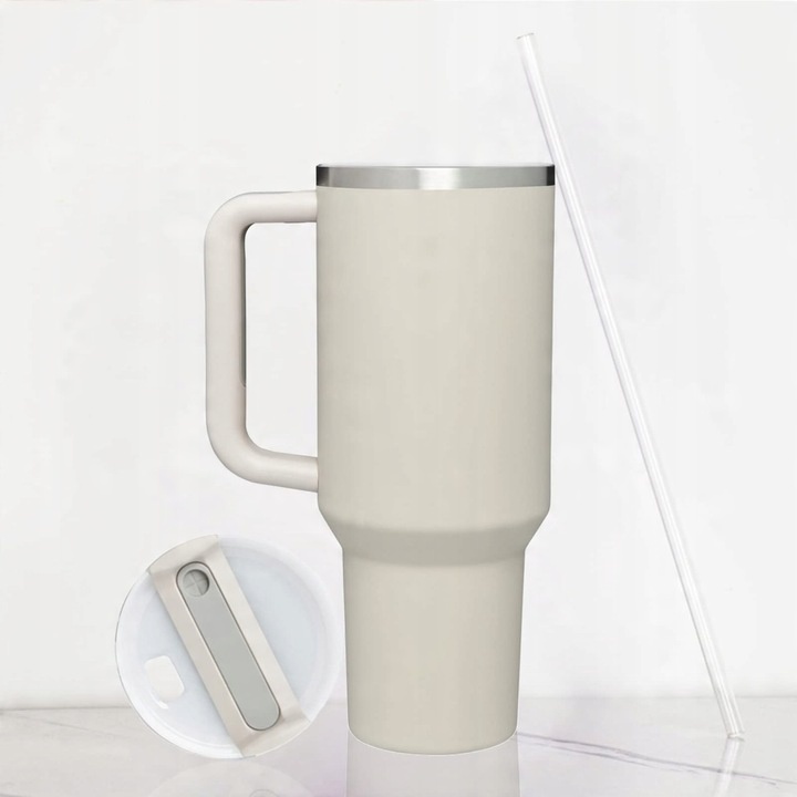DUŻY KUBEK TERMICZNY ZE SŁOMKĄ DO SAMOCHODU PRZENOŚNY 1180ML BEŻOWY