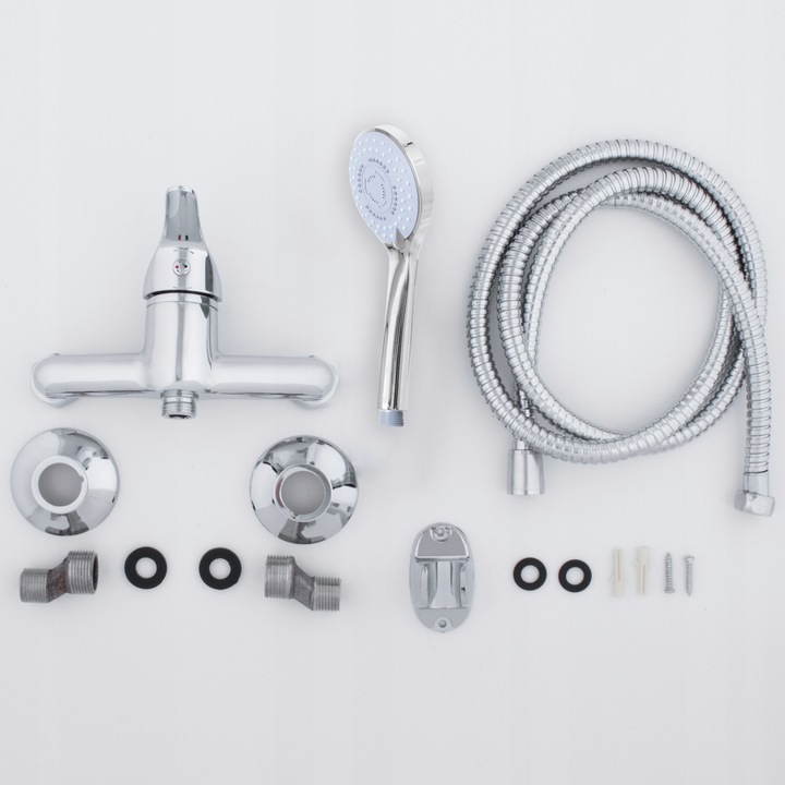 Bateria prysznicowa srebrna ścienna jednouchwytowa ze słuchawką i wężem