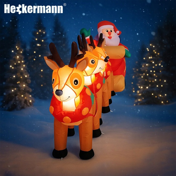 DMUCHANY MIKOŁAJ Z RENIFERAMI ŚWIĄTECZNA DEKORACJA SANIE DMUCHANIEC 310cm