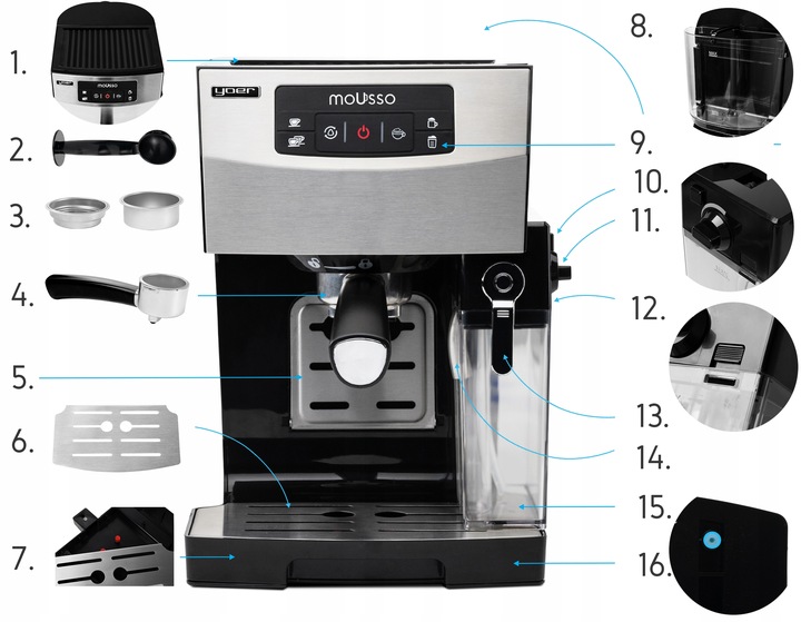Ekspres do kawy Ciśnieniowy Automatyczny Yoer INOX 20bar + Spieniacz Mleka