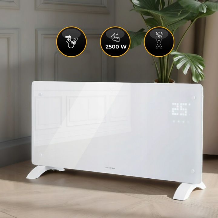 Grzejnik elektryczny szklany konwektorowy Glow 2500W LED WiFi Tuya biały