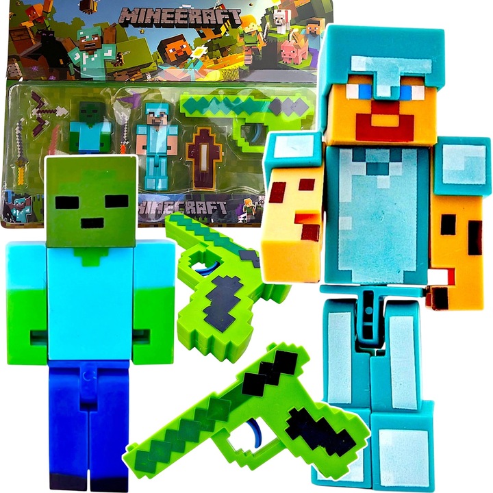 MINECRAFT FIGURKI ZOMBIE DIAMENTOWY STEVE ZESTAW 9w1 PISTOLET AKCESORIA