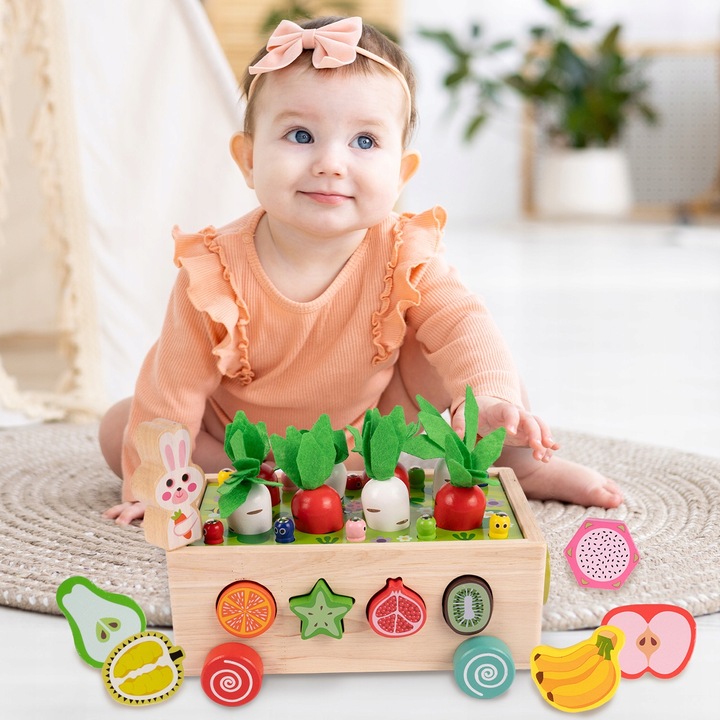 Układanka Montessori Sorter Klocków Złap Robaczka Drewniany Wózek Marchewki