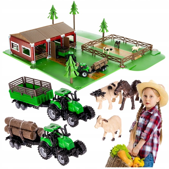 Traktor z Przyczepą Zestaw Dla Dzieci Farma Gospodarstwo Zwierzęta Stodoła