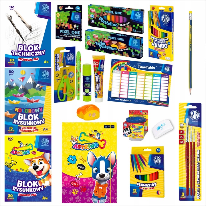WYPRAWKA SZKOLNA XXL ASTRA 21 ELEMENTÓW klasa 1-3 + 10x ZESZYT W KRATKĘ A5