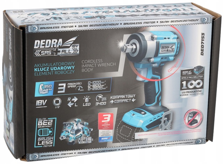 KLUCZ UDAROWY DEDRA akumulatorowy bezszczotkowy 350Nm SAS+ALL 3biegi 1,2"