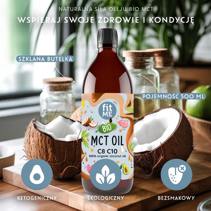 Olej MCT BIO z kokosa 500 ml 100 % kokosowy Coconut keto C8+C10 + pompka