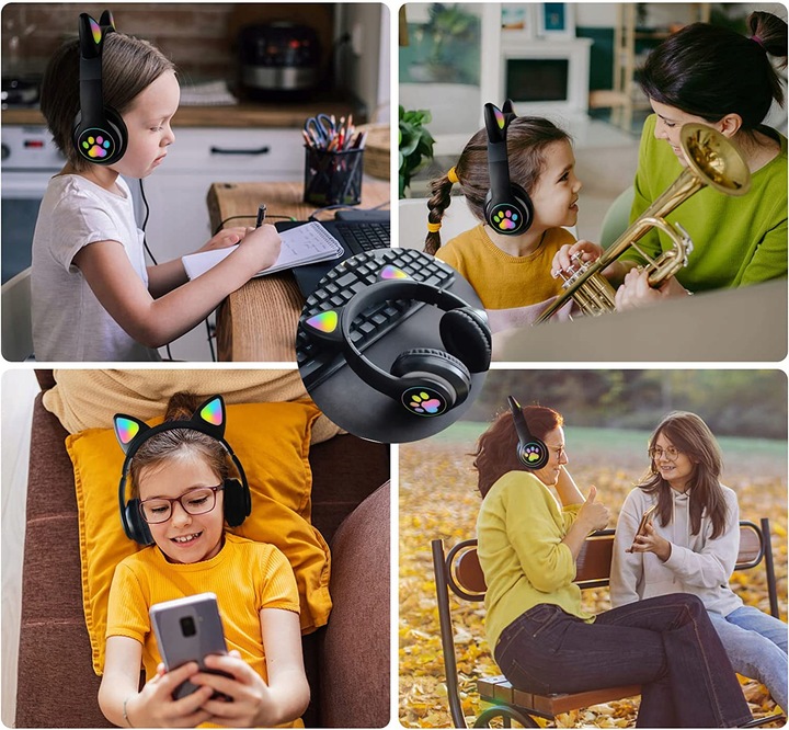 SŁUCHAWKI BEZPRZEWODOWE Z MIKROFONEM KOLOROWE KOCIE USZY LED DLA DZIECI
