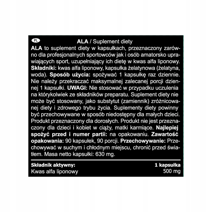 KWAS ALFA LIPONOWY ALA 500MG regeneracja krążenie Real Pharm ALA 90 kaps.