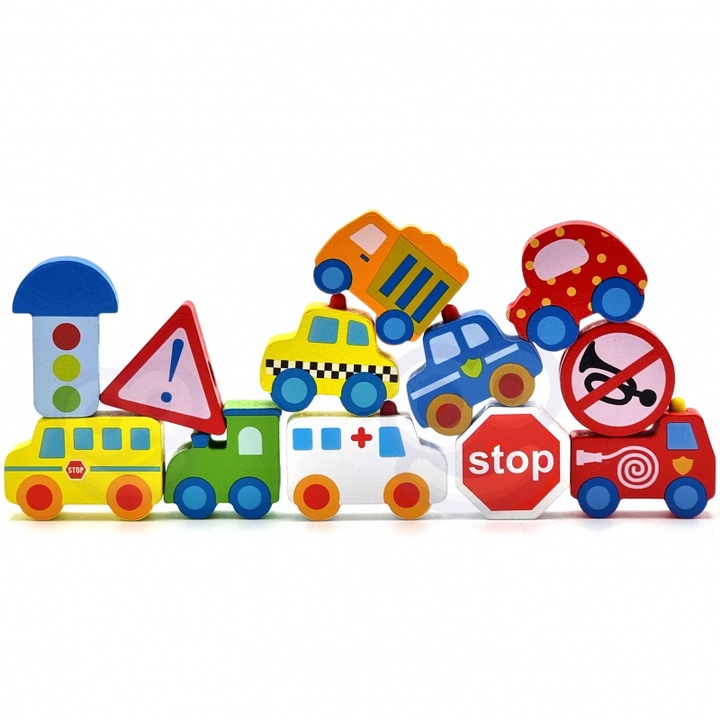 Drewniane Klocki do Nawlekania Pojazdy auta 13 el.