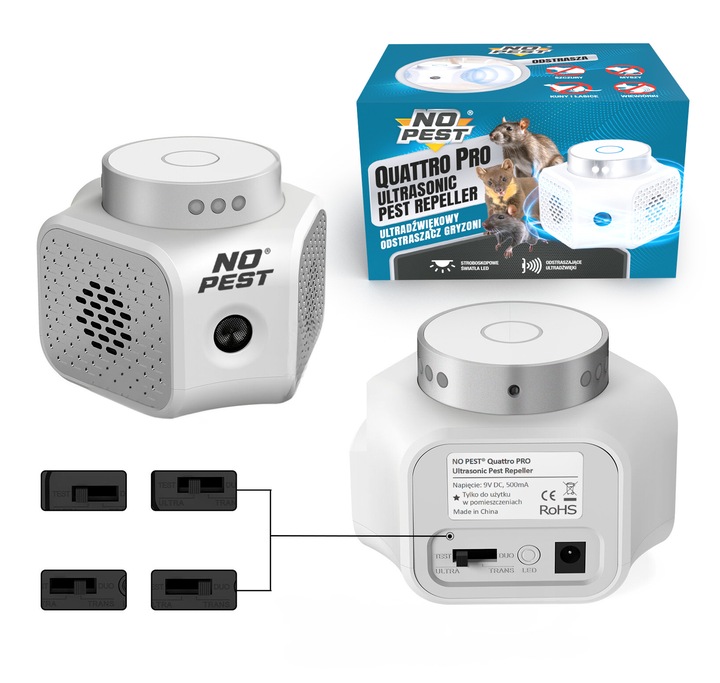 ULTRADŹWIĘKOWY ODSTRASZACZ KUN SZCZURÓW MYSZY GRYZONI NO PEST QUATTRO PRO