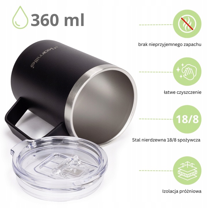 KUBEK TERMICZNY stalowy TERMOS do kawy herbaty z uchwytem KAMILLE 360ml