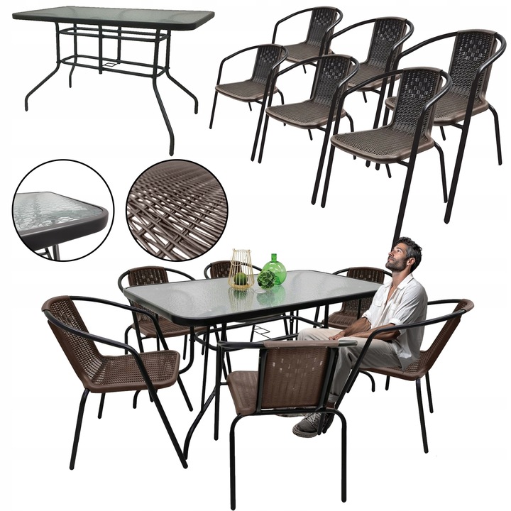 ZESTAW MEBLI OGRODOWYCH NA BALKON STÓŁ 140x80 + 6x KRZESŁA LORETTO BRĄZ MIX