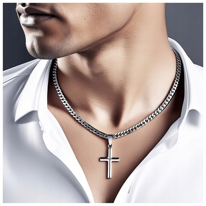 SREBRNY ŁAŃCUSZEK Z KRZYŻYKIEM MĘSKI ŁAŃCUCH PEŁNY KRZYŻ DIAMENTOWANY