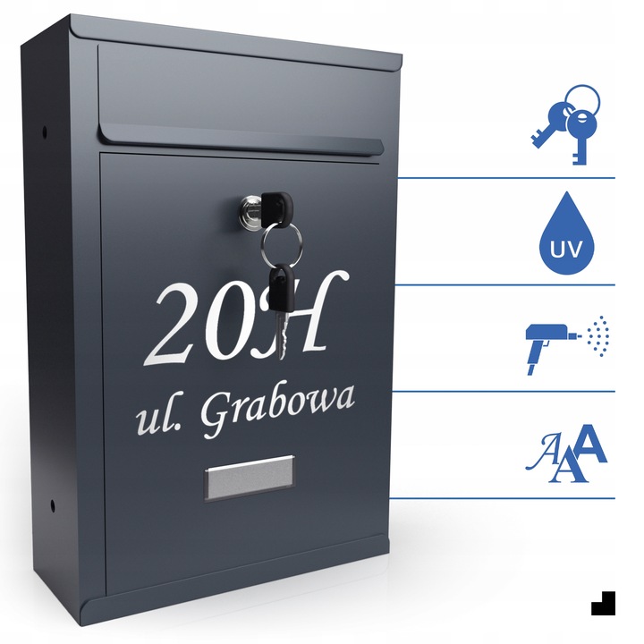 SKRZYNKA NA LISTY Z NUMEREM DOMU | POCZTOWA | A4 | ANTRACYT RAL7016 | WZORY
